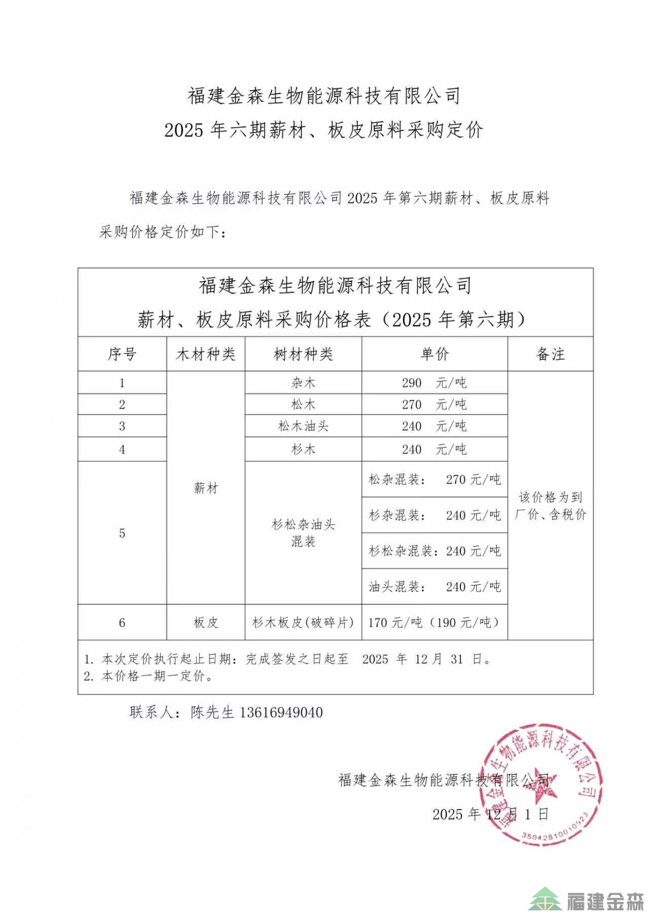 福建金森生物能源科技有限公司 2025年六期薪材、板皮原料采購定價(jià)